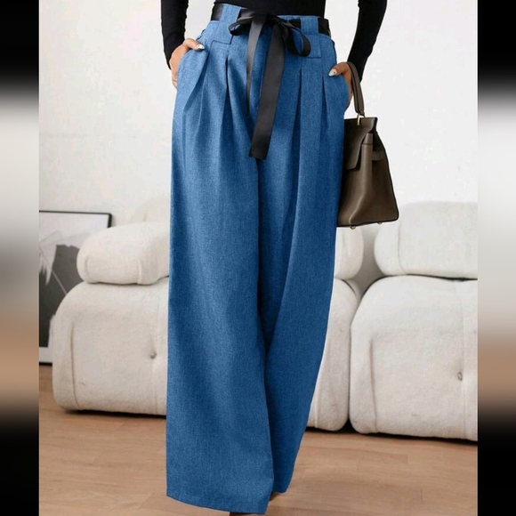 Women's Casual Contrast Color Waistband Pleated Long Pants, Loose Fit For Spring - Picture 1 of 4